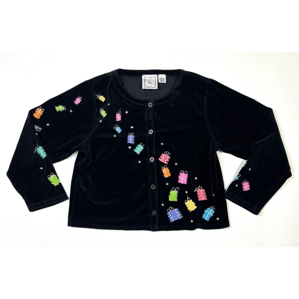 Michael Simon Lite Sweater Women's Medium Velvet Embroidered Christmas Cardigan